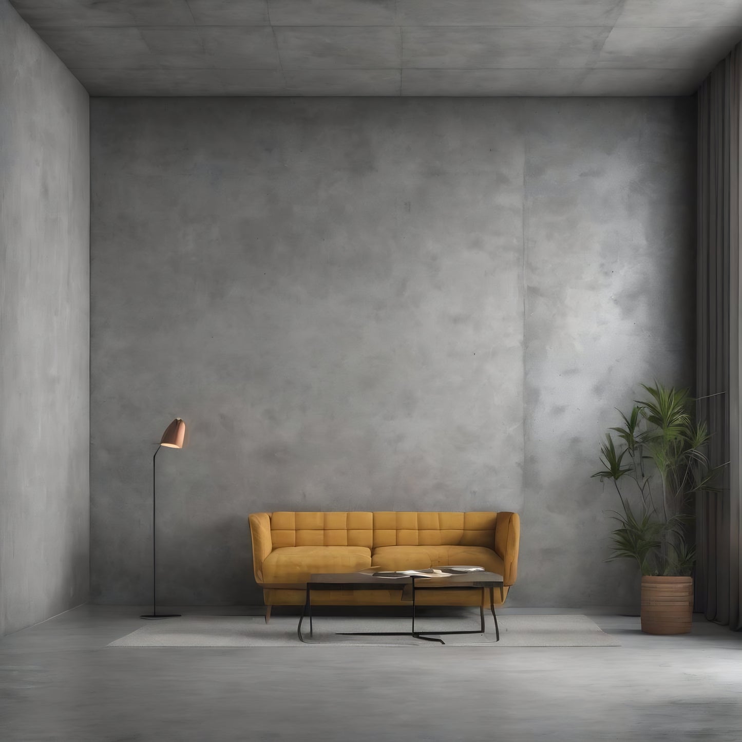 Yellow sofa in a modern room with concrete walls and a floor lamp.