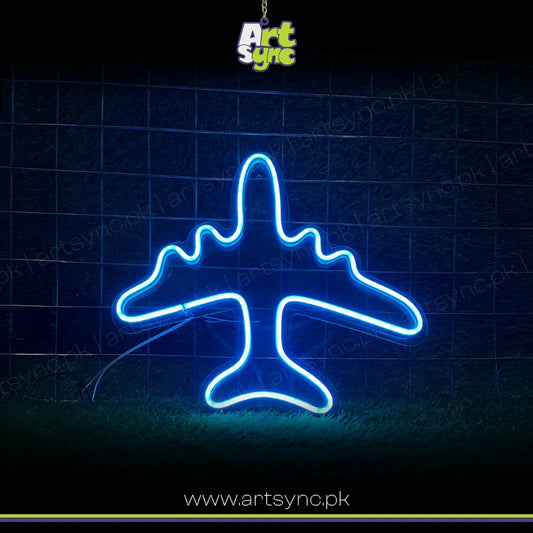Neon light shaped like an airplane on a dark background with 'Art Sync' branding.